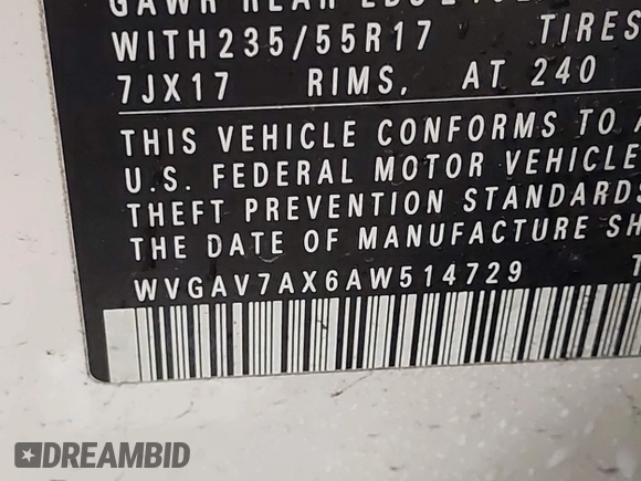 2010 Volkswagen Tiguan SEL with VIN WVGAV7AX6AW514729, listed as a IAAI auction lot 42433993 with 185,980 mi miles and . Bid and sale history available at DreamBid. Image 9.