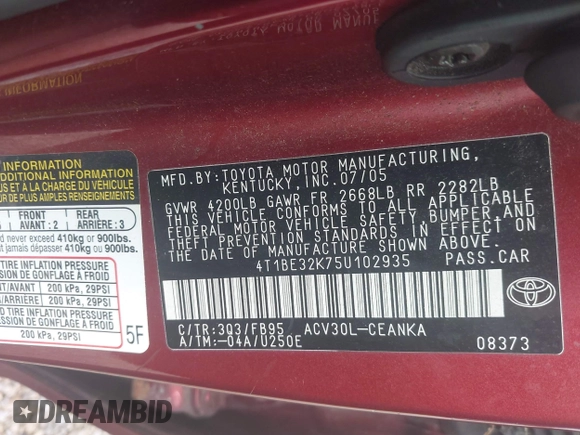2005 Toyota Camry STD z VIN 4T1BE32K75U102935, wystawiony jako IAAI lot #42070646 z przebiegiem 298 125 mil mil oraz . Historia ofert i sprzedaży dostępna na DreamBid. Obrazek 9.