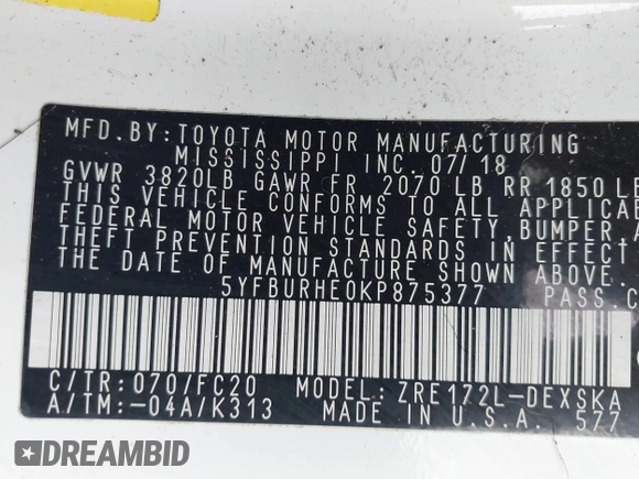 2019 Toyota Corolla L with VIN 5YFBURHE0KP875377, listed as a IAAI auction lot 41904405 with 73,604 mi miles and . Bid and sale history available at DreamBid. Image 9.