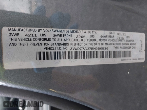 2011 Volkswagen Jetta SE с VIN 3VWDZ7AJ7BM350536, выставлен на аукционе IAAI как лот 42635071 с пробегом 214 919 миль миль и . История ставок и продаж доступна на DreamBid. Изображение 9.