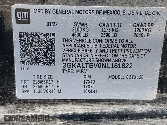 2022 GMC Terrain SLE with VIN 3GKALTEV0NL161822, listed as a IAAI auction lot 42575218 with 264,456 mi miles and . Bid and sale history available at DreamBid. Image 9.