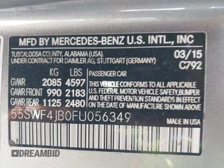 2015 Mercedes-Benz C 300 with VIN 55SWF4JB0FU056349, listed as a IAAI auction lot 41957561 with 74,764 mi miles and . Bid and sale history available at carsss.com. Image 9.