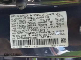 2019 Honda CR-V Touring with VIN 2HKRW2H94KH636320, listed as a IAAI auction lot 41838844 with 37,412 mi miles. Bid and sale history available at carsss.com. Image 9.