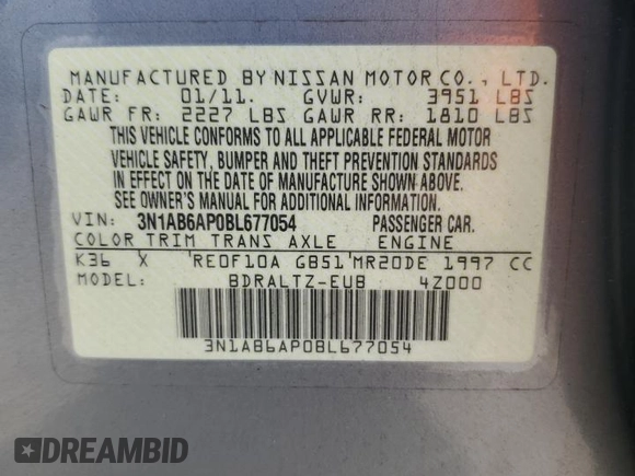 2011 Nissan Sentra S with VIN 3N1AB6AP0BL677054, listed as a Copart auction lot 59503745 with 146,728 mi miles and Salvage title. Bid and sale history available at DreamBid. Image 12.