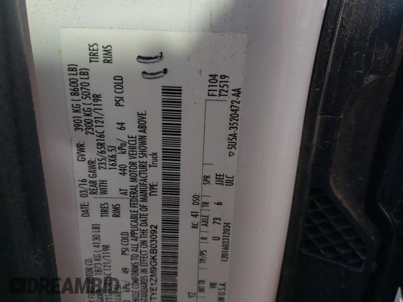 2016 Ford Transit Cargo with VIN 1FTYE1ZM9GKB03092, listed as a Copart auction lot 60448765 with 65,244 mi miles and Clean title. Bid and sale history available at DreamBid. Image 13.