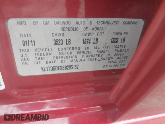 2011 Chevrolet Aveo 1LT with VIN KL1TD5DEXBB205182, listed as a IAAI auction lot 42825330 with 131,713 mi miles and . Bid and sale history available at DreamBid. Image 9.