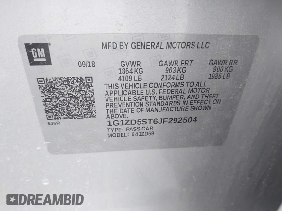 2018 Chevrolet Malibu LT with VIN 1G1ZD5ST6JF292504, listed as a IAAI auction lot 41505655 with 95,739 mi miles and . Bid and sale history available at carsss.com. Image 9.