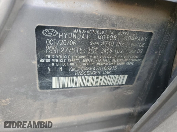 2007 Hyundai Azera SE with VIN KMHFC46F47A166915, listed as a Copart auction lot 88978785 with 0 mi miles and Salvage Title. Bid and sale history available at carsss.com. Image 12.