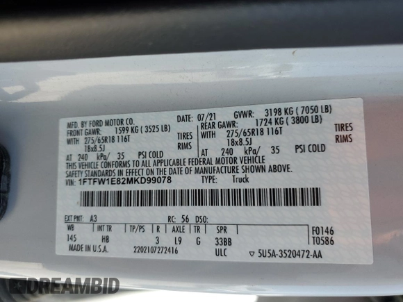 2021 Ford F-150 XL z VIN 1FTFW1E82MKD99078, wystawiony jako Copart lot #61089395 z przebiegiem 129 224 mil mil oraz Szkoda całkowita • Salvage title. Historia ofert i sprzedaży dostępna na DreamBid. Obrazek 13.
