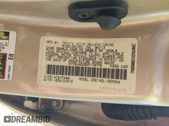2013 Toyota Corolla L with VIN 5YFBU4EE8DP179778, listed as a IAAI auction lot 42006681 with 179,017 mi miles. Bid and sale history available at carsss.com. Image 9.