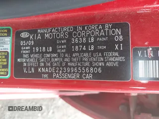2009 Kia Rio SX with VIN KNADE223996556806, listed as a IAAI auction lot 42117938 with 54,007 mi miles. Bid and sale history available at carsss.com. Image 9.