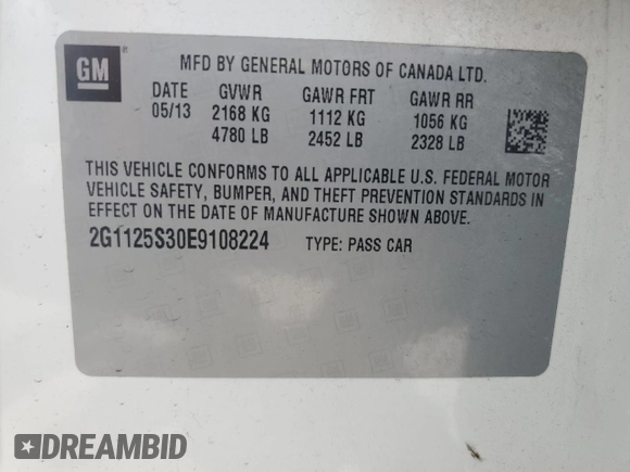 2014 Chevrolet Impala LT with VIN 2G1125S30E9108224, listed as a Copart auction lot 55293205 with 77,496 mi miles and Salvage Title. Bid and sale history available at DreamBid. Image 13.