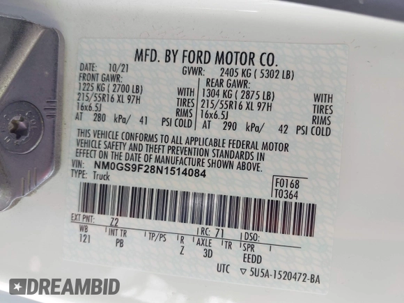 2022 Ford Transit Connect XLT with VIN NM0GS9F28N1514084, listed as a IAAI auction lot 42248331 with 43,395 mi miles and . Bid and sale history available at DreamBid. Image 9.
