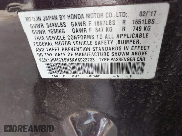 2017 Honda Fit EX-L with VIN JHMGK5H8XHS022733, listed as a IAAI auction lot 41814563 with 68,619 mi miles and . Bid and sale history available at DreamBid. Image 9.