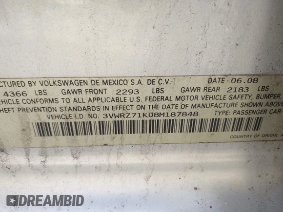 2008 Volkswagen Jetta SE with VIN 3VWRZ71K08M187848, listed as a IAAI auction lot 41918064 with 181,998 mi miles and . Bid and sale history available at DreamBid. Image 9.