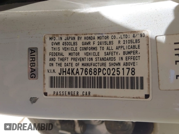 1993 Acura Legend L with VIN JH4KA7668PC025178, listed as a IAAI auction lot 41990390 with 187,755 mi miles and . Bid and sale history available at DreamBid. Image 9.