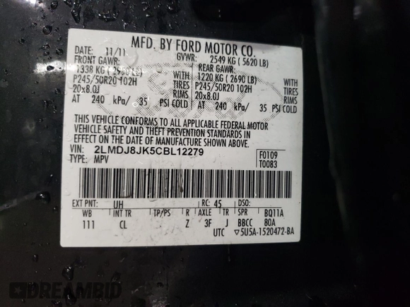2012 Lincoln MKX with VIN 2LMDJ8JK5CBL12279, listed as a Copart auction lot 44218985 with 111,768 mi miles and Salvage Title. Bid and sale history available at DreamBid. Image 13.