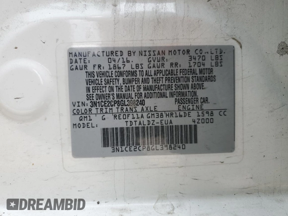 2016 Nissan Note S z VIN 3N1CE2CP8GL398240, wystawiony jako Copart lot #48950025 z przebiegiem 141 379 mil mil oraz Szkoda całkowita • Salvage title. Historia ofert i sprzedaży dostępna na DreamBid. Obrazek 14.