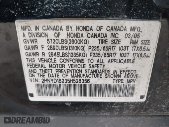 2005 Acura MDX with VIN 2HNYD18235H528356, listed as a IAAI auction lot 41815304 with 170,385 mi miles. Bid and sale history available at carsss.com. Image 9.