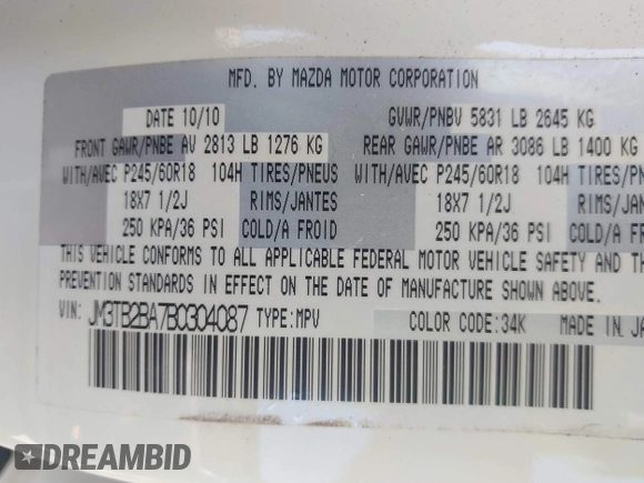 2011 Mazda CX-9 Sport with VIN JM3TB2BA7B0304087, listed as a IAAI auction lot 42138663 with 186,964 mi miles and . Bid and sale history available at DreamBid. Image 9.