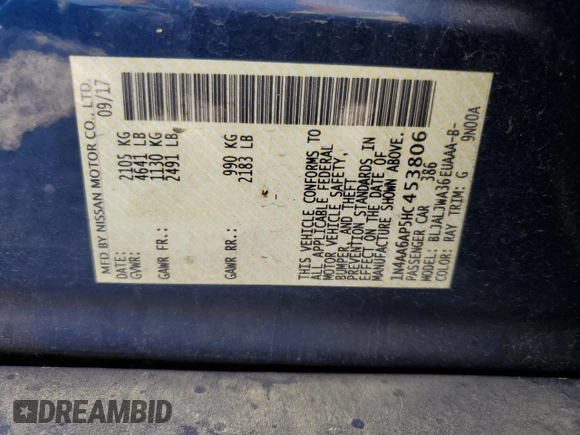 2017 Nissan Maxima S with VIN 1N4AA6AP5HC453806, listed as a Copart auction lot 61237575 with 107,722 mi miles and Salvage title. Bid and sale history available at DreamBid. Image 12.