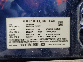 2020 Tesla Model S Long Range with VIN 5YJSA1E20LF415038, listed as a Copart auction lot 48950225 with 61,946 mi miles and Salvage title. Bid and sale history available at DreamBid. Image 13.