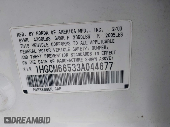 2003 Honda Accord EX with VIN 1HGCM66533A044677, listed as a IAAI auction lot 42440815 with 188,450 mi miles and . Bid and sale history available at DreamBid. Image 9.
