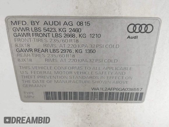 2016 Audi Q5 Premium Plus with VIN WA1L2AFP6GA038557, listed as a IAAI auction lot 42071248 with 188,772 mi miles. Bid and sale history available at carsss.com. Image 9.