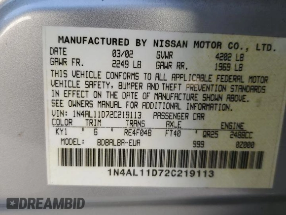 2002 Nissan Altima SL with VIN 1N4AL11D72C219113, listed as a Copart auction lot 82218234 with 0 mi miles and Salvage Title. Bid and sale history available at carsss.com. Image 12.