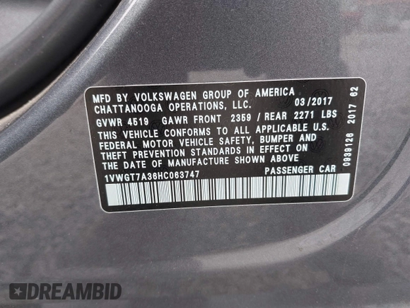 2017 Volkswagen Passat SE with VIN 1VWGT7A36HC063747, listed as a IAAI auction lot 42830924 with 85,120 mi miles and . Bid and sale history available at DreamBid. Image 9.