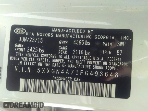 2015 Kia Optima EX with VIN 5XXGN4A71FG493648, listed as a IAAI auction lot 32483878 with Not provided miles and . Bid and sale history available at DreamBid. Image 9.
