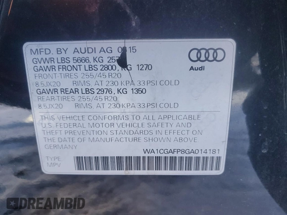 2016 Audi SQ5 Premium Plus with VIN WA1CGAFP8GA014181, listed as a Copart auction lot 87998015 with 117,236 mi miles and Salvage Title. Bid and sale history available at carsss.com. Image 13.