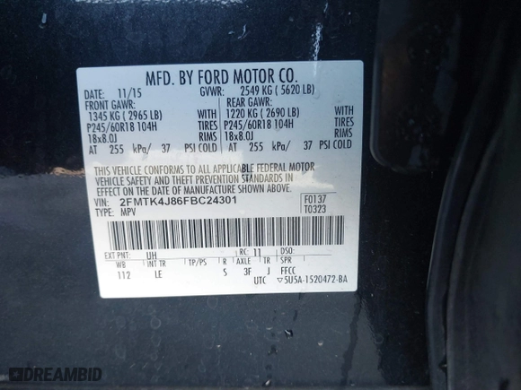 2015 Ford Edge SEL with VIN 2FMTK4J86FBC24301, listed as a IAAI auction lot 41758820 with 94,915 mi miles. Bid and sale history available at carsss.com. Image 9.