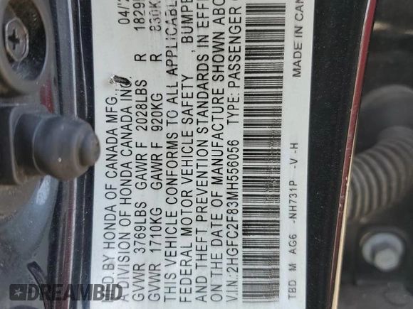 2021 Honda Civic Sport with VIN 2HGFC2F83MH556056, listed as a Copart auction lot 52320955 with 89,682 mi miles and Non Repairable. Bid and sale history available at DreamBid. Image 13.