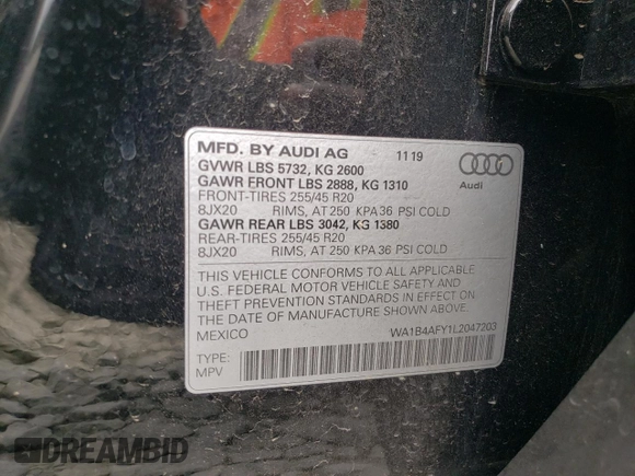 2020 Audi SQ5 Premium Plus with VIN WA1B4AFY1L2047203, listed as a Copart auction lot 65853683 with 20,073 mi miles. Bid and sale history available at carsss.com. Image 14.