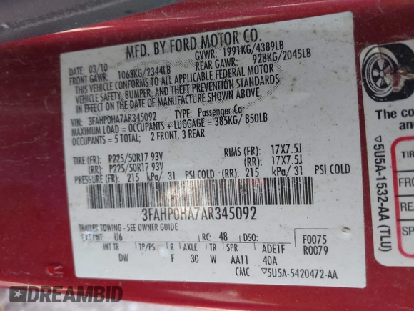 2010 Ford Fusion SE with VIN 3FAHP0HA7AR345092, listed as a IAAI auction lot 41910241 with 135,805 mi miles. Bid and sale history available at carsss.com. Image 9.