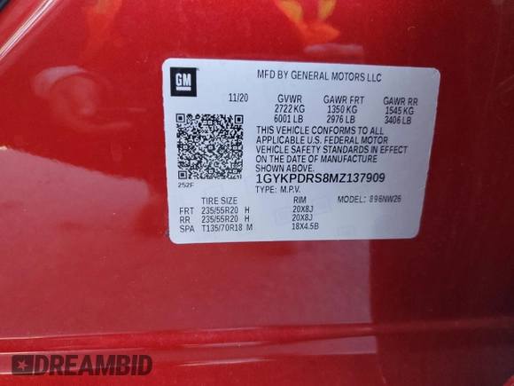 2021 Cadillac XT6 Premium Luxury with VIN 1GYKPDRS8MZ137909, listed as a Copart auction lot 41027774 with 55,353 mi miles and Salvage Title. Bid and sale history available at carsss.com. Image 12.