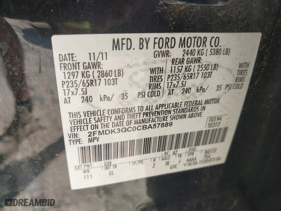 2012 Ford Edge SE with VIN 2FMDK3GC0CBA57889, listed as a IAAI auction lot 42074102 with 173,576 mi miles. Bid and sale history available at carsss.com. Image 9.
