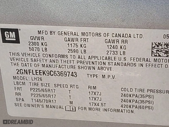 2012 Chevrolet Equinox LT w/1LT with VIN 2GNFLEEK9C6369743, listed as a IAAI auction lot 41716254 with 86,914 mi miles. Bid and sale history available at carsss.com. Image 9.