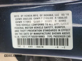 2016 Honda Civic EX-L with VIN 19XFC1F75GE018863, listed as a Copart auction lot 60630535 with 158,806 mi miles and Salvage title. Bid and sale history available at DreamBid. Image 12.