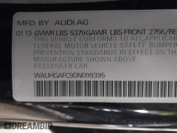2013 Audi A6 3.0T Prestige with VIN WAUHGAFC9DN099395, listed as a IAAI auction lot 41958743 with 123,000 mi miles. Bid and sale history available at carsss.com. Image 9.