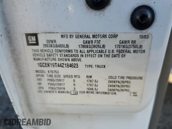 2004 Chevrolet Silverado 1500 with VIN 1GCEK19T44Z184623, listed as a Copart auction lot 50474105 with 252,214 mi miles and Clean Title. Bid and sale history available at DreamBid. Image 12.