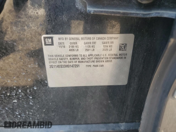 2017 Chevrolet Impala Premier with VIN 2G1145S33H9147291, listed as a Copart auction lot 59588315 with Not provided miles and Salvage title. Bid and sale history available at DreamBid. Image 12.