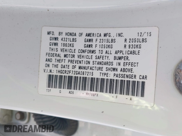 2016 Honda Accord Sedan EX with VIN 1HGCR2F72GA087215, listed as a IAAI auction lot 41807421 with 129,220 mi miles. Bid and sale history available at carsss.com. Image 9.
