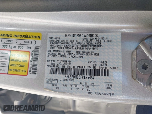 2015 Ford Fusion SE with VIN 3FA6P0H96FR135457, listed as a IAAI auction lot 42213144 with 158,151 mi miles and . Bid and sale history available at DreamBid. Image 9.
