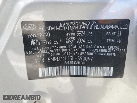 2020 Hyundai Elantra SE z VIN 5NPD74LF3LH590092, wystawiony jako Copart lot #52210975 z przebiegiem 52 500 mil mil oraz Szkoda całkowita • Salvage title. Historia ofert i sprzedaży dostępna na DreamBid. Obrazek 14.