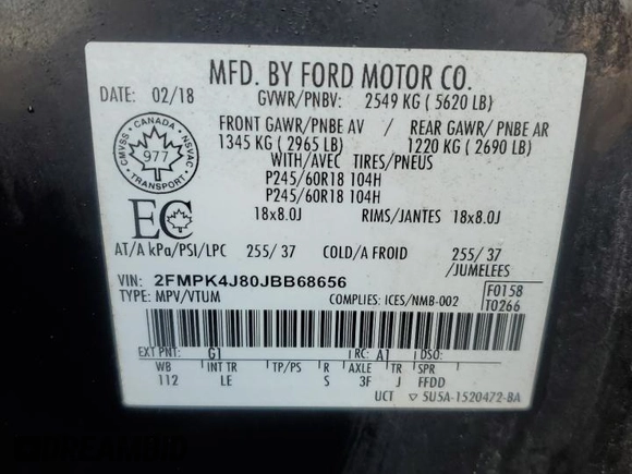 2018 Ford Edge SEL with VIN 2FMPK4J80JBB68656, listed as a Copart auction lot 48152725 with 36,276 mi miles and Salvage Title. Bid and sale history available at carsss.com. Image 13.