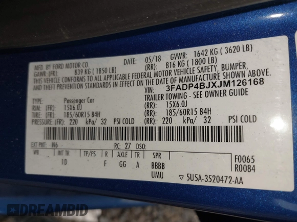 2018 Ford Fiesta SE z VIN 3FADP4BJXJM126168, wystawiony jako IAAI lot #42255261 z przebiegiem 121 248 mil mil oraz . Historia ofert i sprzedaży dostępna na DreamBid. Obrazek 9.