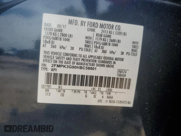 2017 Ford Edge SE z VIN 2FMPK3G90HBC58801, wystawiony jako Copart lot #64874245 z przebiegiem 68 803 mil mil oraz Szkoda całkowita • Salvage title. Historia ofert i sprzedaży dostępna na DreamBid. Obrazek 14.