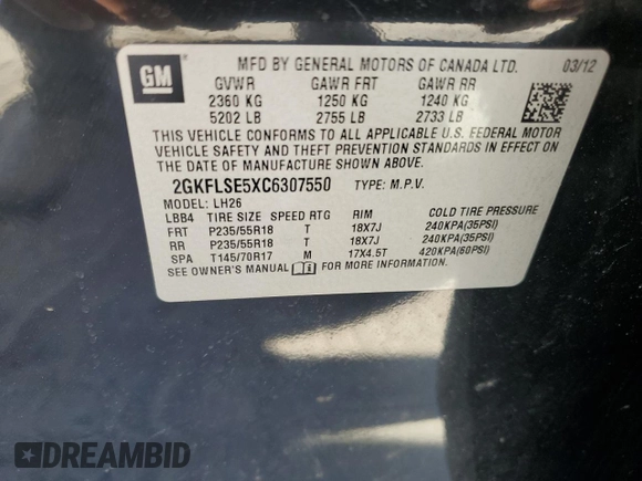 2012 GMC Terrain SLE-2 with VIN 2GKFLSE5XC6307550, listed as a Copart auction lot 43756565 with 146,002 mi miles and Clean Title. Bid and sale history available at carsss.com. Image 13.